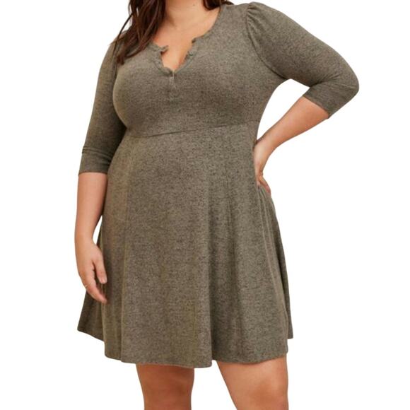 Torrid Super Soft Plush Puff Sleeve Mini Skater Dress in Dusty Olive - Picture 1 of 8